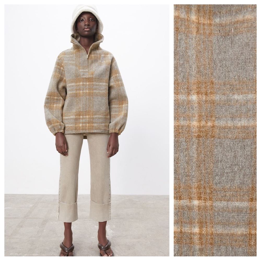 NWT. Zara Tan/Grey Wool Blend Plaid Sweatshirt. Size L.